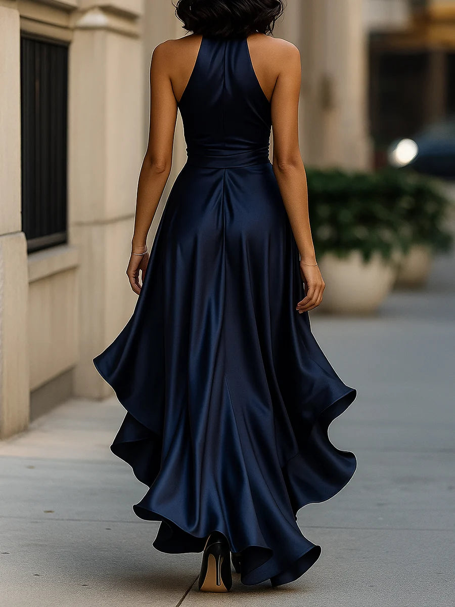 Women's Satin Halter Ruffle High-Low Maxi Dress – Product view | Hensley London
