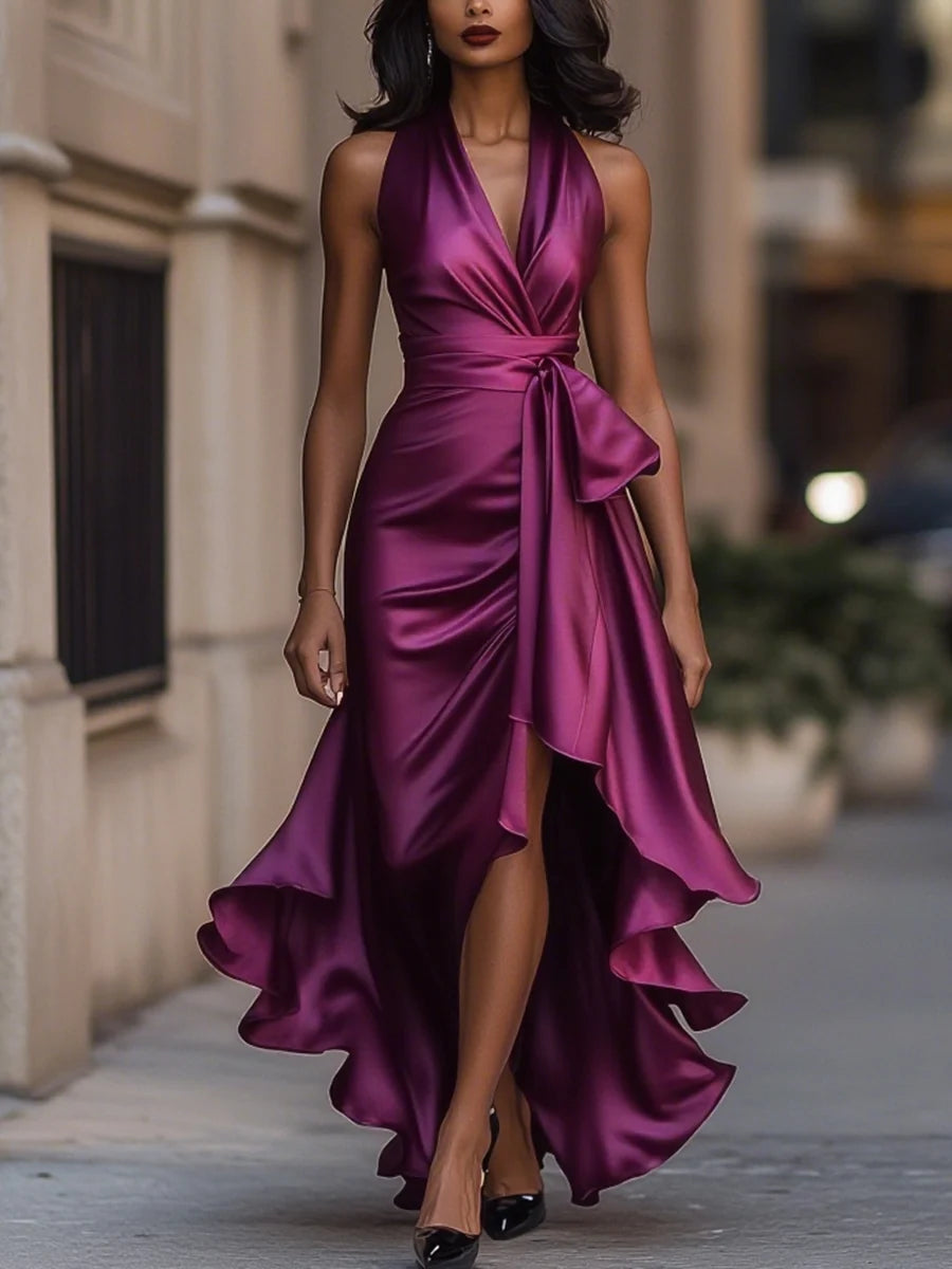 Women's Satin Halter Ruffle High-Low Maxi Dress in Fuchsia – Product view | Hensley London