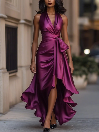 Women's Satin Halter Ruffle High-Low Maxi Dress in Fuchsia – Product view | Hensley London