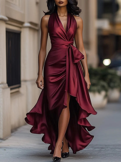 Women's Satin Halter Ruffle High-Low Maxi Dress in Burgundy – Product view | Hensley London