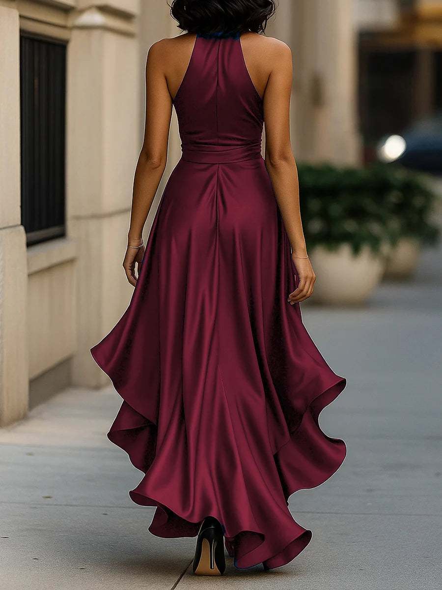 Women's Satin Halter Ruffle High-Low Maxi Dress – Product view | Hensley London