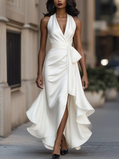 Women's Satin Halter Ruffle High-Low Maxi Dress in White – Product view | Hensley London