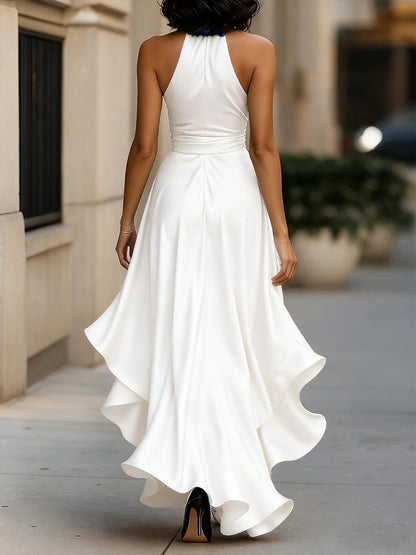 Women's Satin Halter Ruffle High-Low Maxi Dress – Product view | Hensley London