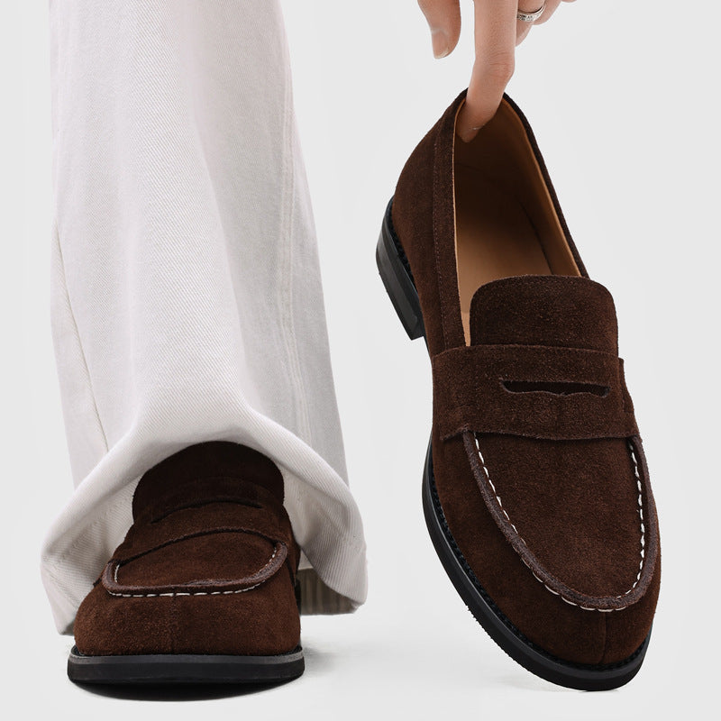Men's Suede Penny Loafers with Stitched Moc Toe in Brown - product view | Hensley London
