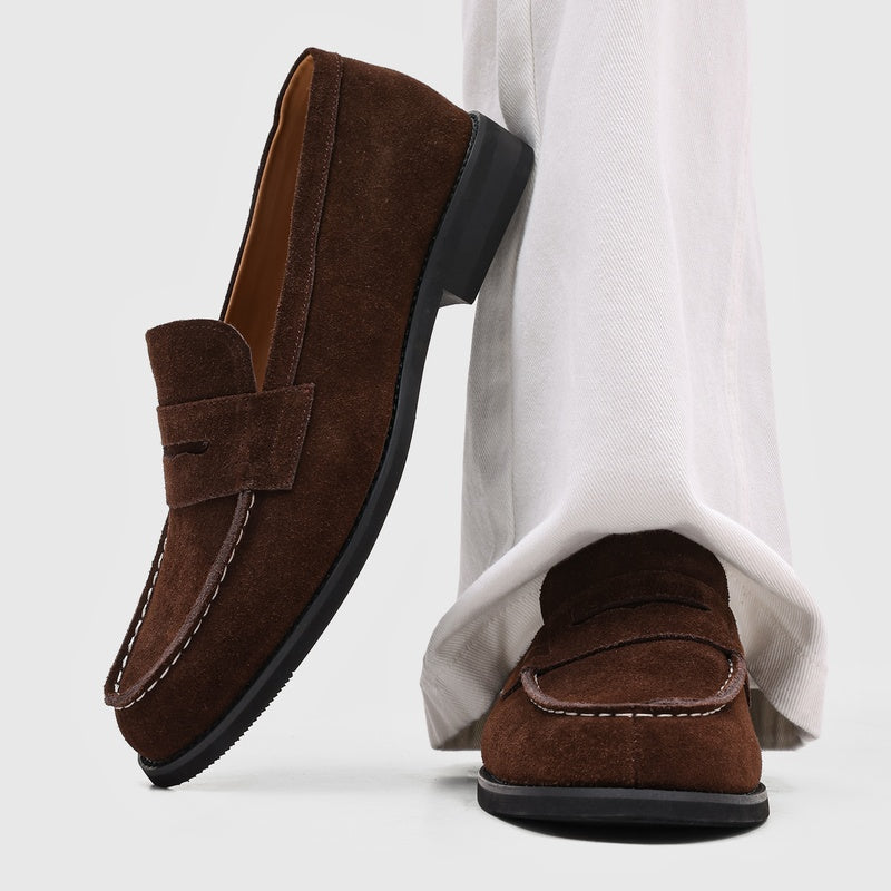 Men's Suede Penny Loafers with Stitched Moc Toe in Brown - additional view 2 | Hensley London