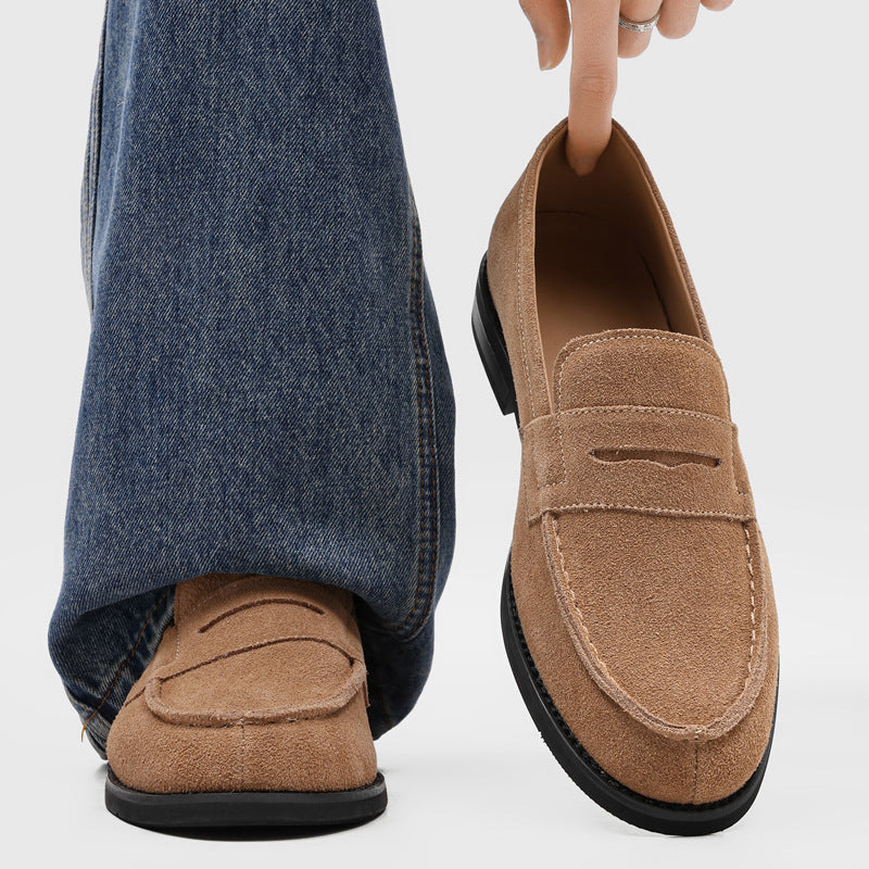 Men's Suede Penny Loafers with Stitched Moc Toe in Apricot - additional view 18 | Hensley London