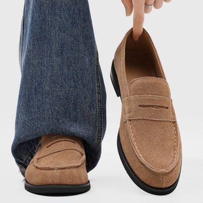Men's Suede Penny Loafers with Stitched Moc Toe in Apricot - additional view 18 | Hensley London