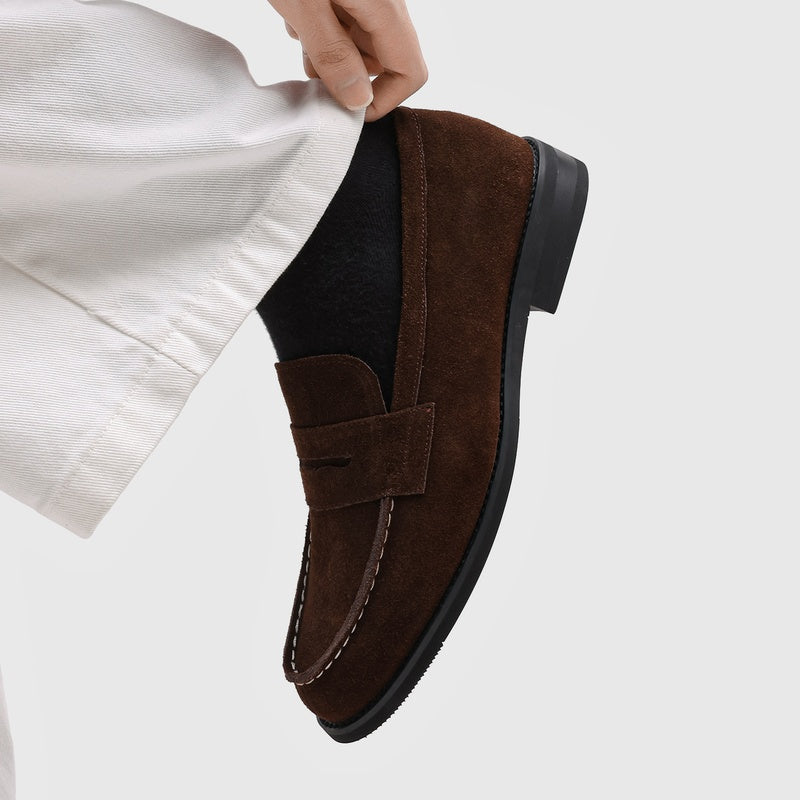 Men's Suede Penny Loafers with Stitched Moc Toe in Brown - additional view 3 | Hensley London