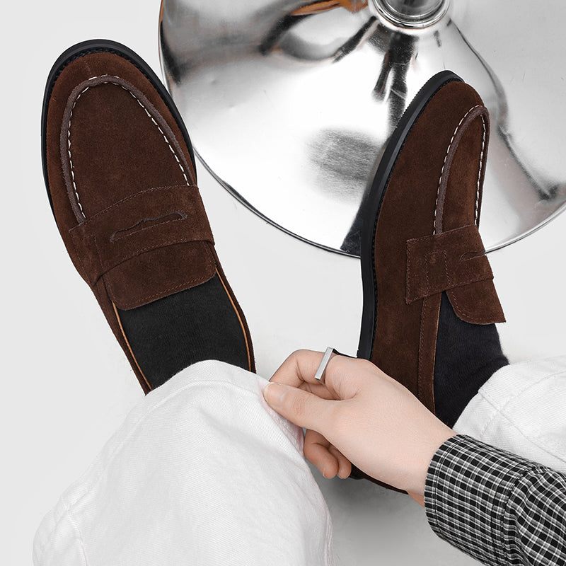 Men's Suede Penny Loafers with Stitched Moc Toe in Brown - additional view 4 | Hensley London