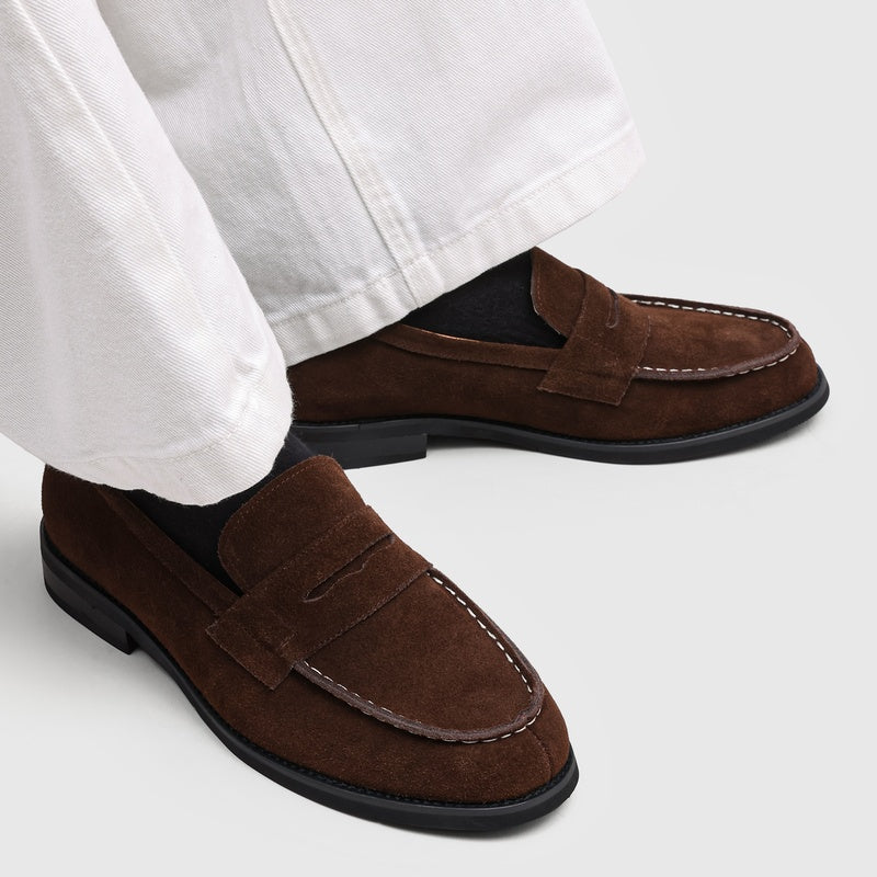Men's Suede Penny Loafers with Stitched Moc Toe in Brown - additional view 5 | Hensley London