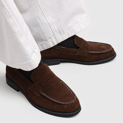 Men's Suede Penny Loafers with Stitched Moc Toe in Brown - additional view 5 | Hensley London