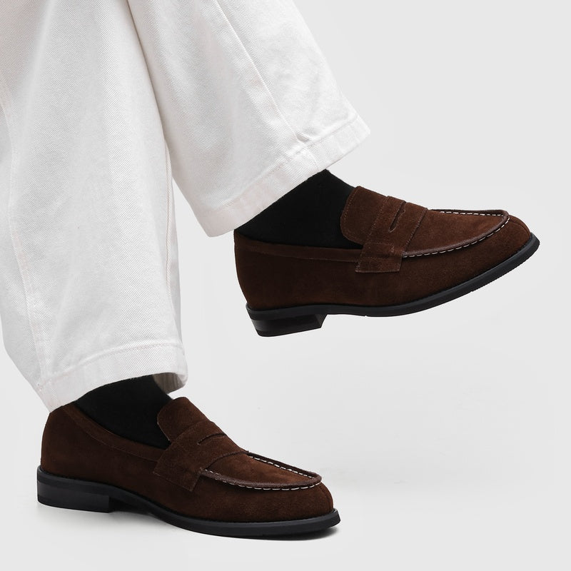 Men's Suede Penny Loafers with Stitched Moc Toe in Brown - additional view 6 | Hensley London