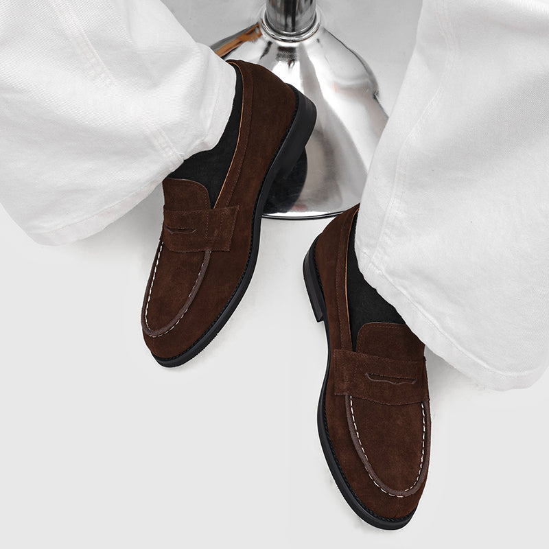 Men's Suede Penny Loafers with Stitched Moc Toe in Brown - additional view 7 | Hensley London