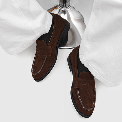 Men's Suede Penny Loafers with Stitched Moc Toe in Brown - additional view 7 | Hensley London
