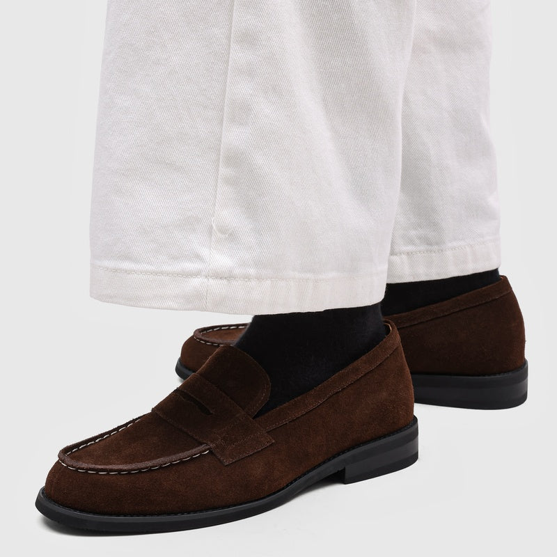 Men's Suede Penny Loafers with Stitched Moc Toe in Brown - additional view 8 | Hensley London