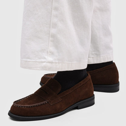 Men's Suede Penny Loafers with Stitched Moc Toe in Brown - additional view 8 | Hensley London