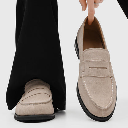 Men's Suede Penny Loafers with Stitched Moc Toe in Beige - additional view 9 | Hensley London