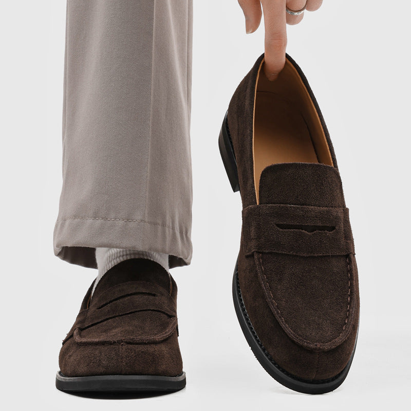 Men's Suede Penny Loafers with Stitched Moc Toe in Dark Brown - additional view 34 | Hensley London