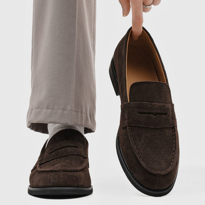 Men's Suede Penny Loafers with Stitched Moc Toe in Dark Brown - additional view 34 | Hensley London
