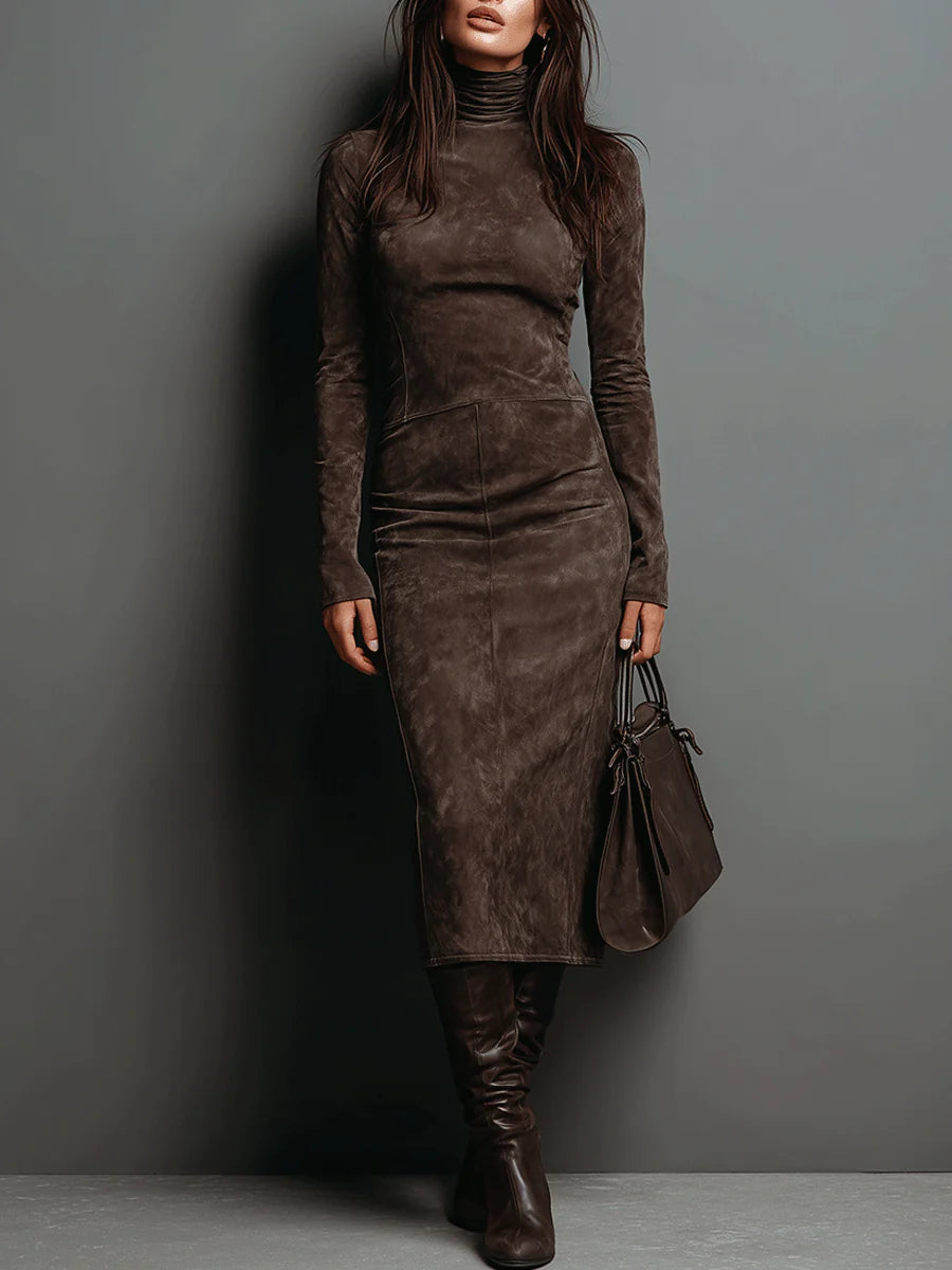 Women's Suede-Look High-Neck Maxi Dress in Chocolate Brown – front view | Hensley London