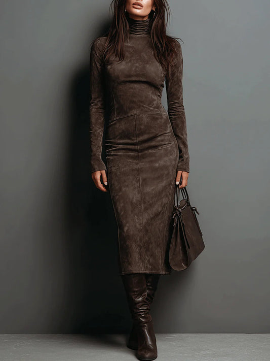 Women's Suede-Look High-Neck Maxi Dress in Chocolate Brown – front view | Hensley London