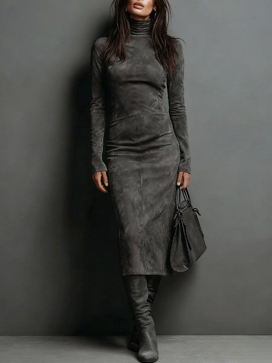 Women's Suede-Look High-Neck Maxi Dress in Dark Gray – front view | Hensley London