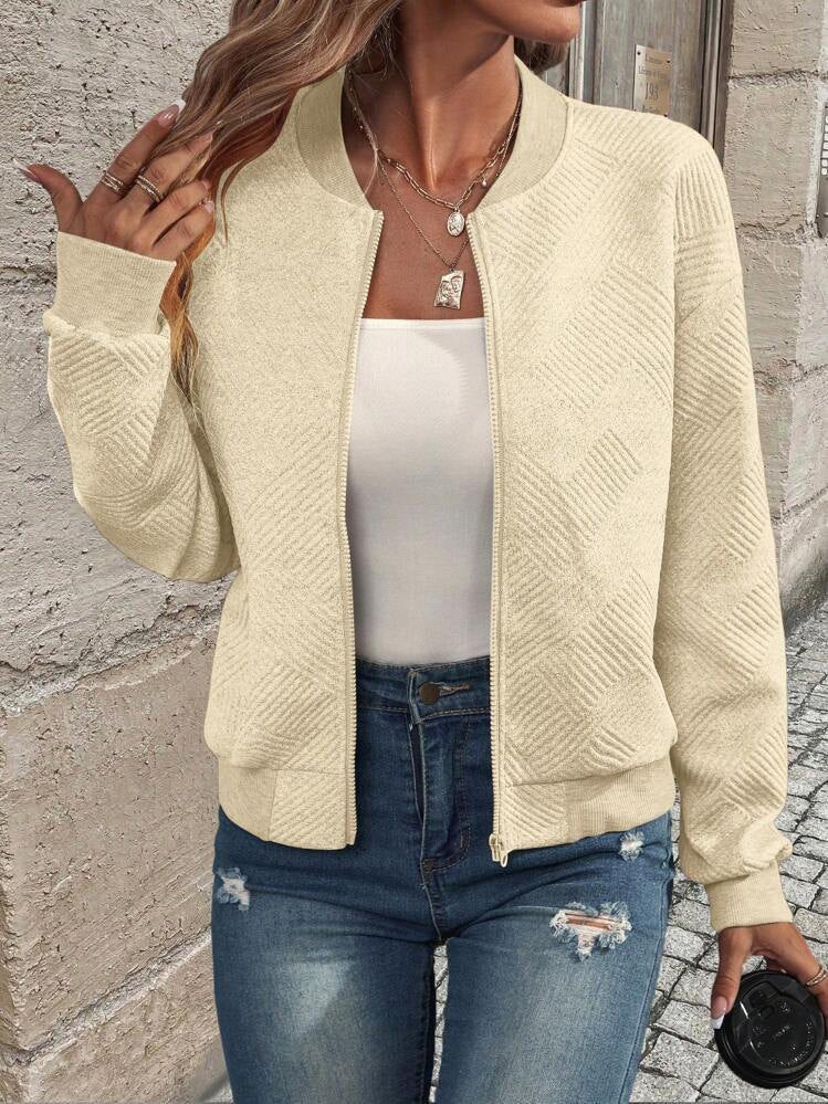 Women's Jacquard Zip-Up Bomber Jacket in Apricot – product view | Hensley London