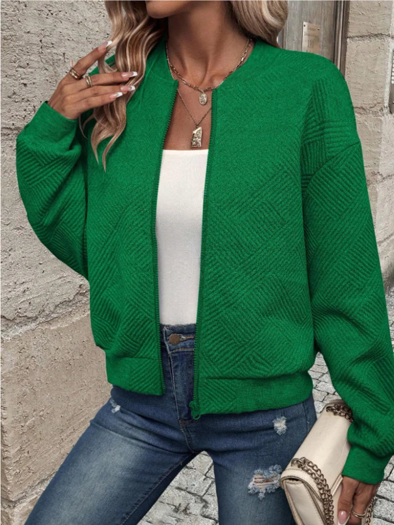 Women's Jacquard Zip-Up Bomber Jacket in Green – additional product view | Hensley London