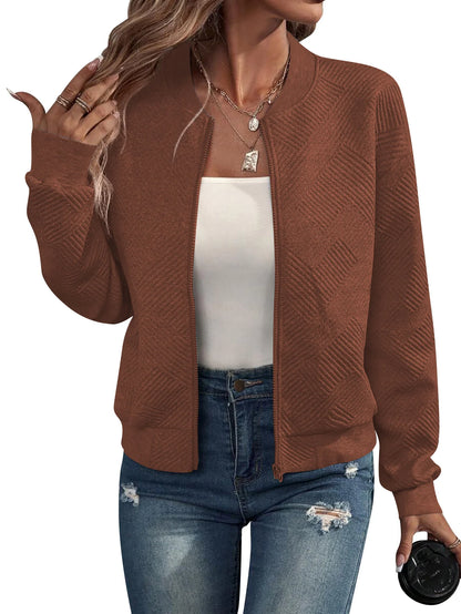 Women's Jacquard Zip-Up Bomber Jacket in Caramel – additional product view | Hensley London