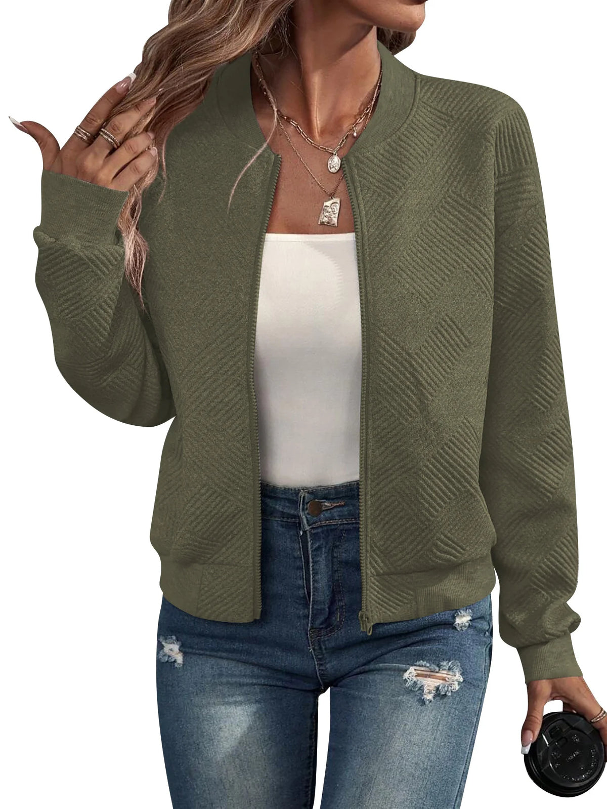 Women's Jacquard Zip-Up Bomber Jacket in Army Green – additional product view | Hensley London