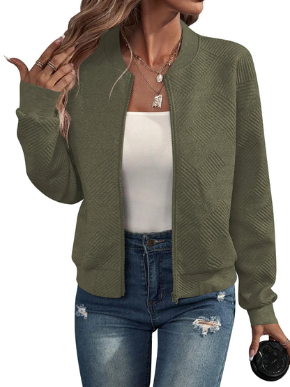 Women's Jacquard Zip-Up Bomber Jacket in Army Green – additional product view | Hensley London