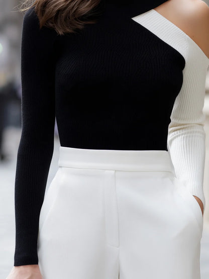 Women's Contrast-Shoulder Cut-Out Mock-Neck Top in Black – product view | Hensley London
