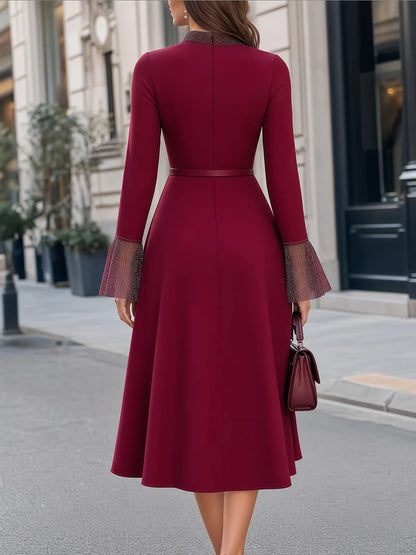 Women's Shimmer-Panel Belted Flared Midi Dress – additional product view | Hensley London