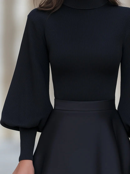 Women's Mock-Neck Ribbed Puff-Sleeve Top – additional product view | Hensley London
