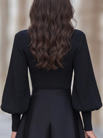 Women's Mock-Neck Ribbed Puff-Sleeve Top – additional product view | Hensley London