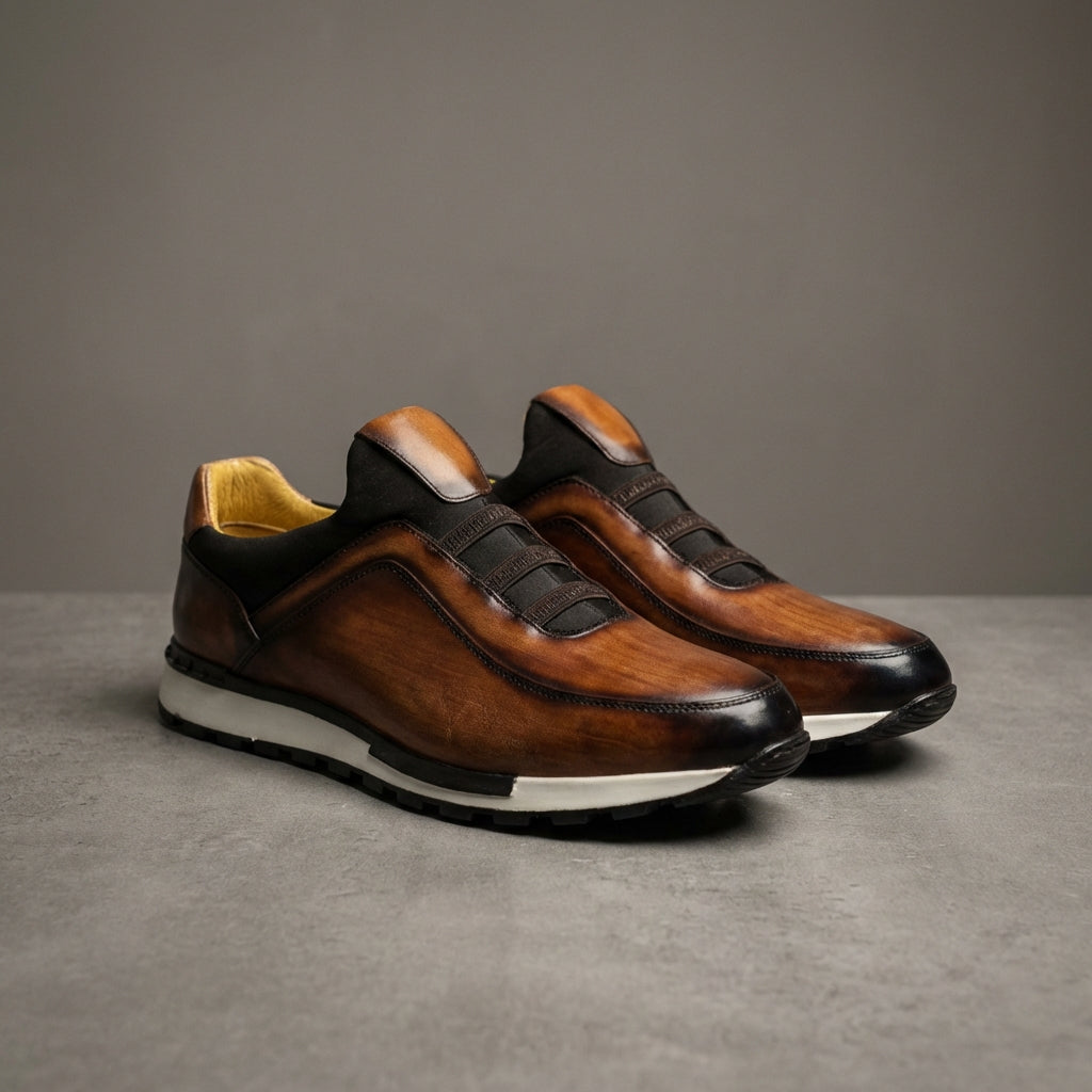 Men's Smooth Cowhide Leather Low-Top Sneakers in Brown – front view | Hensley London