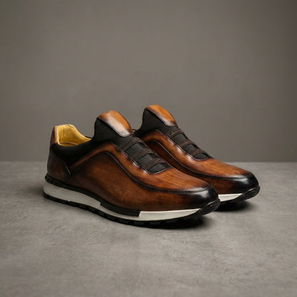 Men's Smooth Cowhide Leather Low-Top Sneakers in Brown – front view | Hensley London