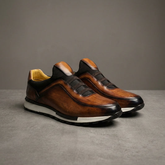 Men's Smooth Cowhide Leather Low-Top Sneakers in Brown – front view | Hensley London