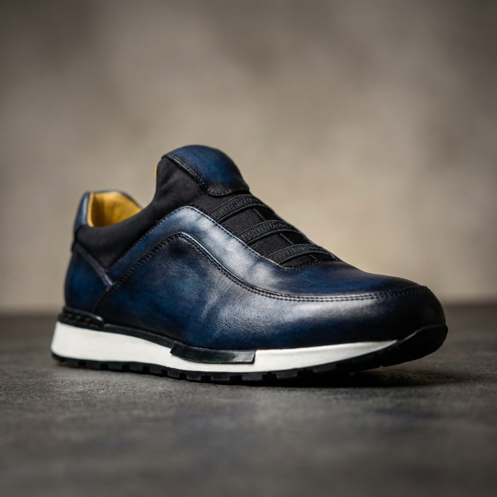 Men's Smooth Cowhide Leather Low-Top Sneakers in Blue – front view | Hensley London