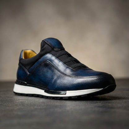 Men's Smooth Cowhide Leather Low-Top Sneakers in Blue – front view | Hensley London
