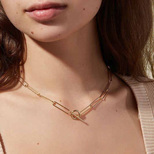Modern 18k Gold Paper-Clip Necklace for Women - Hypoallergenic and Waterproof Interlocking Design, 17 Inches 1