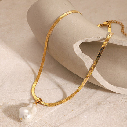 Modern Herringbone Pearl Necklace with 18k Gold Plating – Waterproof and Hypoallergenic 5