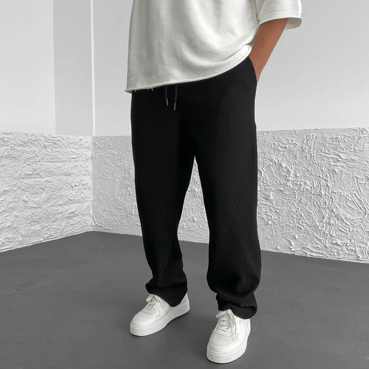 Men's Ribbed Knit Relaxed Straight-Leg Pants – product view | Hensley London