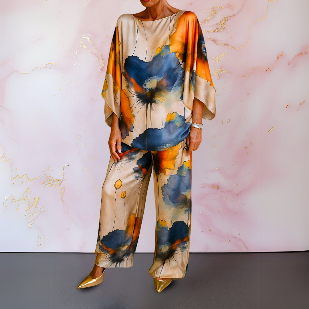 Women's Satin Two-Piece Set in Navy Blue – front view | Hensley London