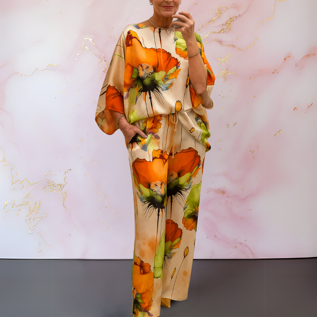 Women's Satin Two-Piece Set in Mandarin Cream – front view | Hensley London