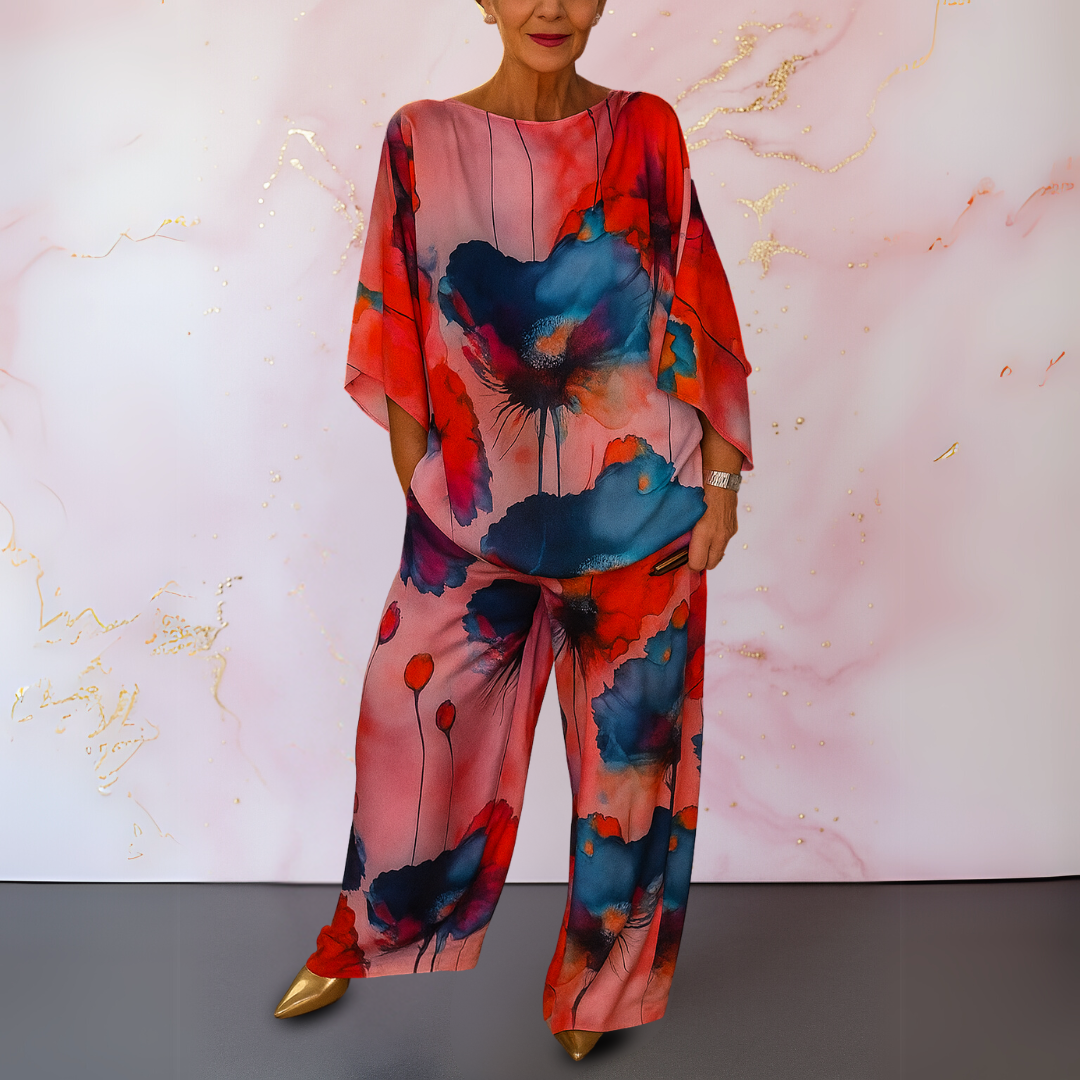 Women's Satin Two-Piece Set in Pink Red – front view | Hensley London