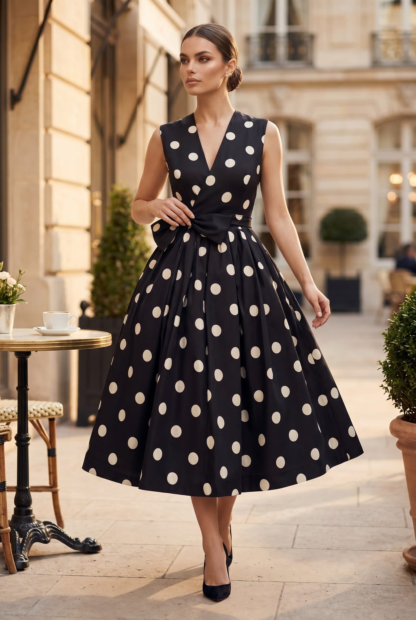 Women's Midi Dress White Polkadot Lightweight Fabric A-Line - 1