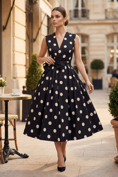Women's Midi Dress White Polkadot Lightweight Fabric A-Line - 1