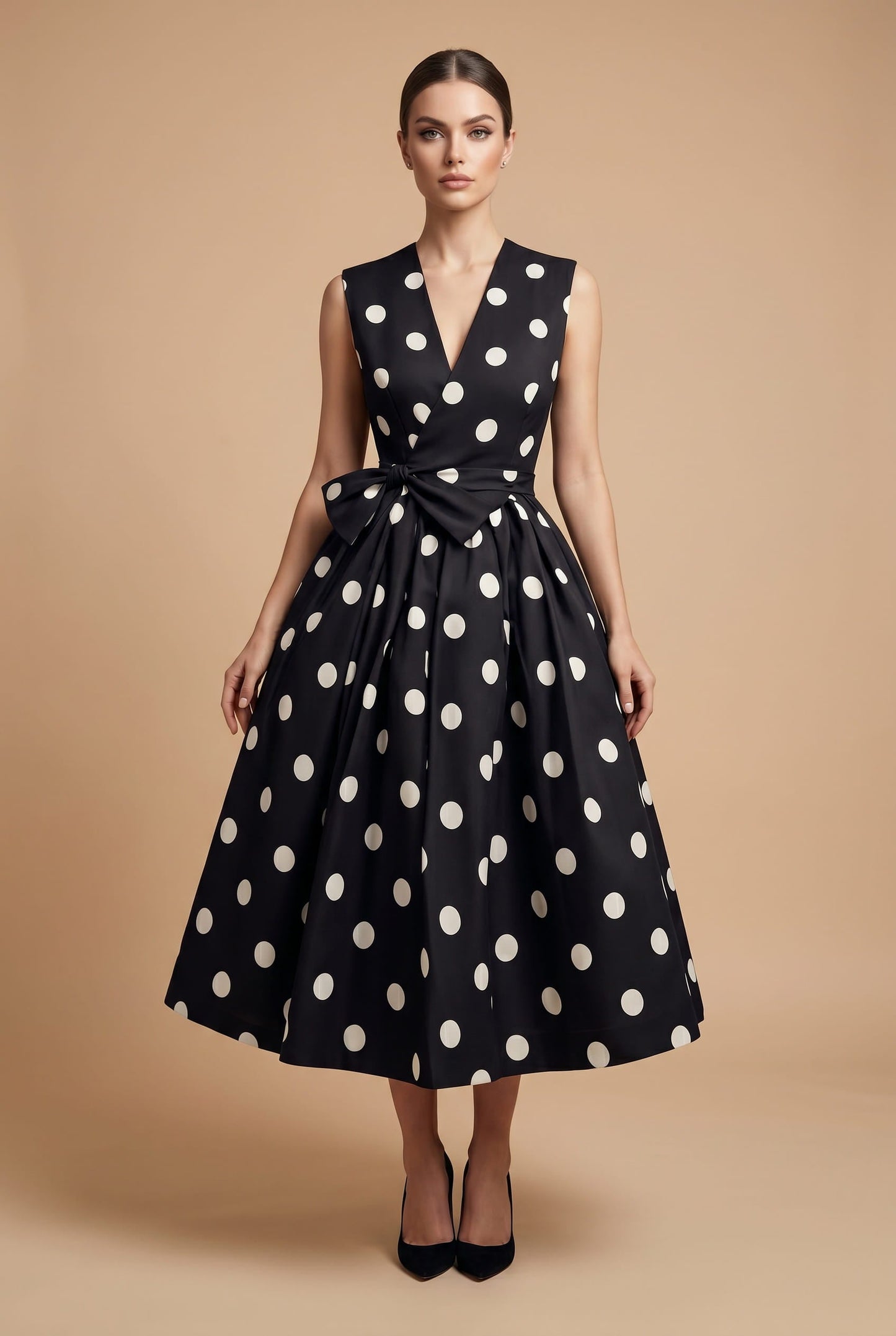 Women's Midi Dress White Polkadot Lightweight Fabric A-Line - 2