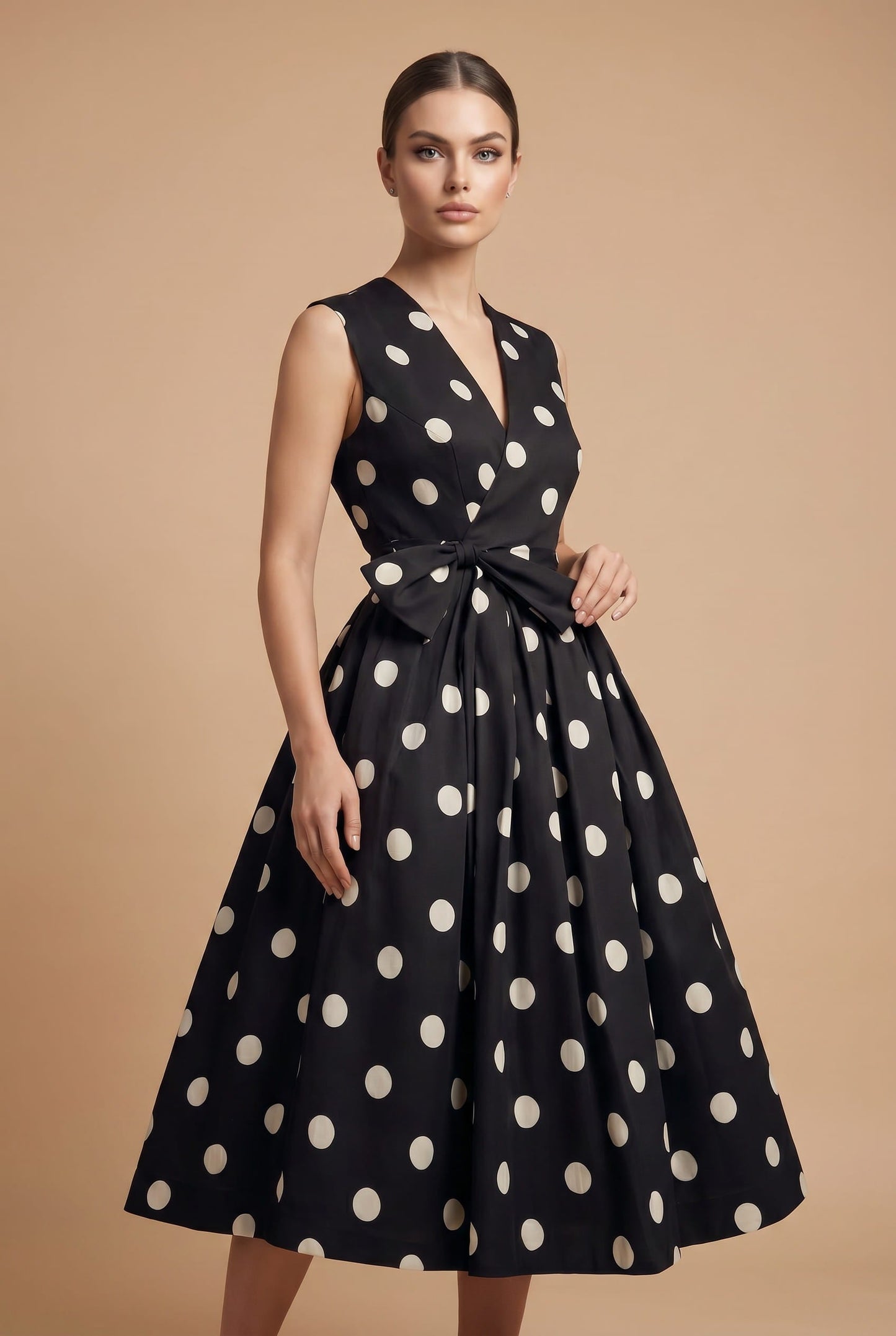 Women's Midi Dress White Polkadot Lightweight Fabric A-Line - 3